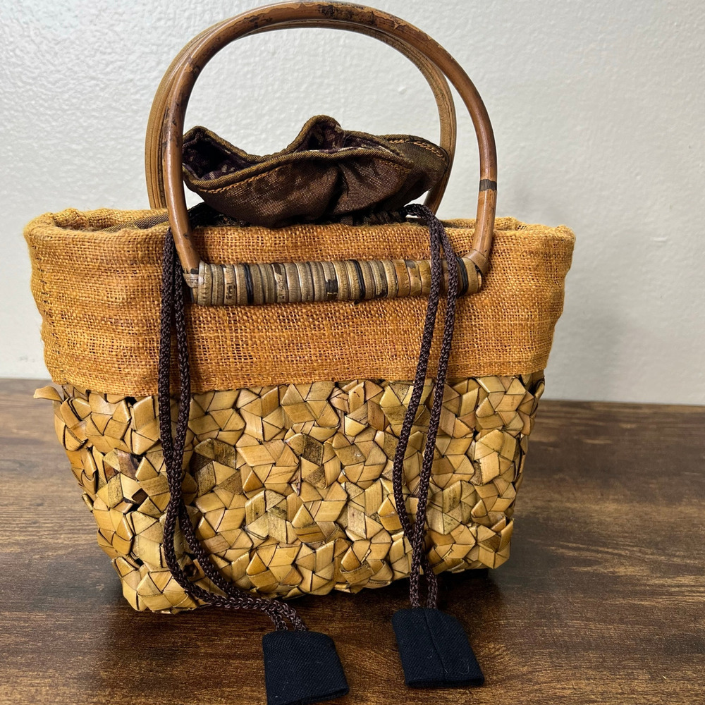 Vintage Drawstring Bag Wooden Top Handle Basket Handbag Resort Boho Burlap Beach